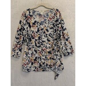 Emma Olive Floral Print V Neck‎ 3/4 Sleeve Top Women's XL